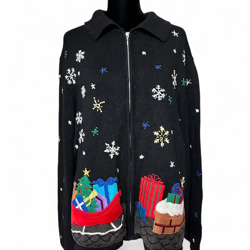 STUDIO FA LA LA Festive Black Zip-Up Sweater with Holiday Embroidery 3X